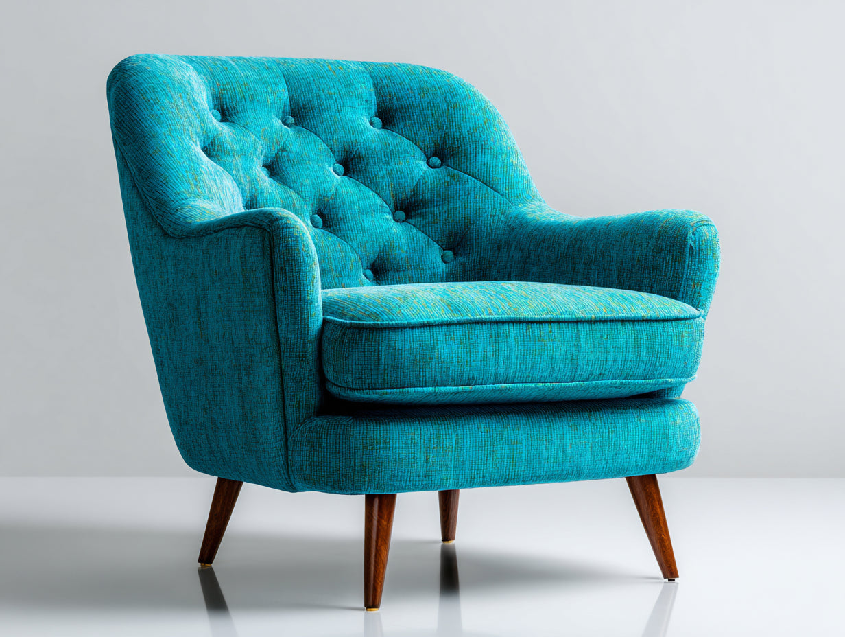 Fauteuil en tissu texturé 98x88x92 cm - bleu turquoise-bois foncé - dossier capitonné avec pieds inclinés