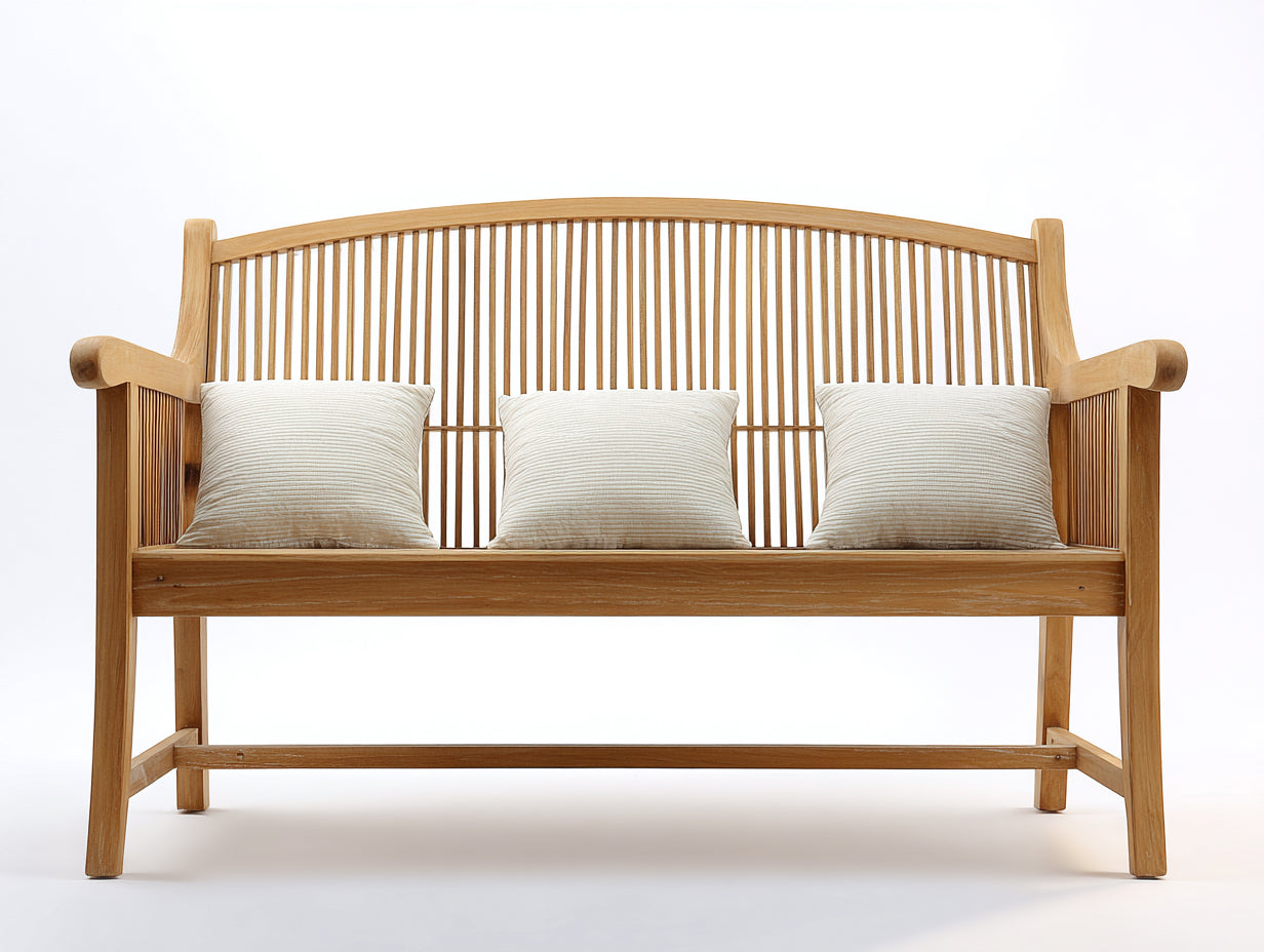 Banc de jardin 3 places en bois massif 160x65x100 cm - bois naturel clair - dossier incurvé à fines lattes et accoudoirs pour extérieur
