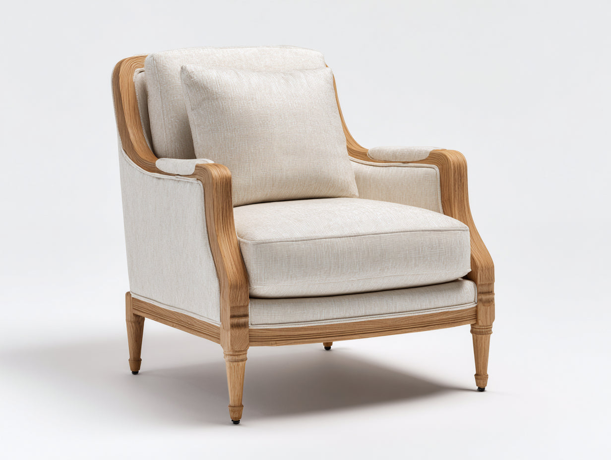 Fauteuil en tissu texturé 95x90x92 cm - beige-bois naturel - structure sculptée avec accoudoirs