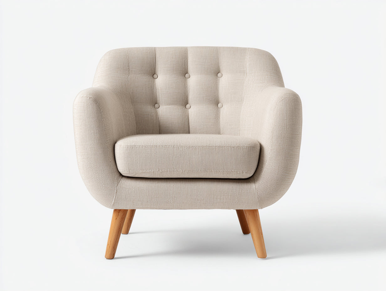 Fauteuil en tissu 118x76x82 cm - beige - dossier capitonné avec pieds en bois
