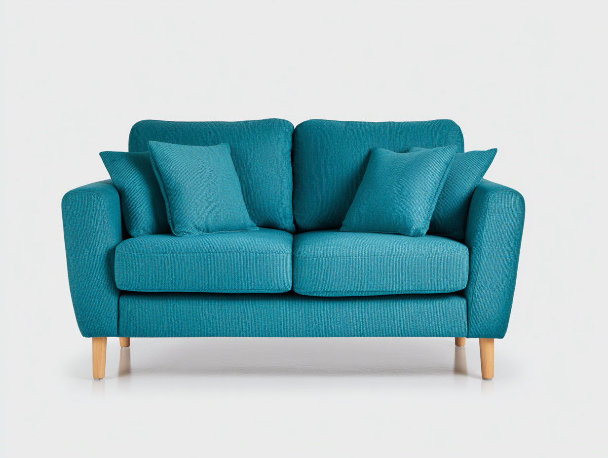 Canapé 2 places - tissu texturé - 158x86x81 cm - bleu turquoise - pieds en bois pour salon