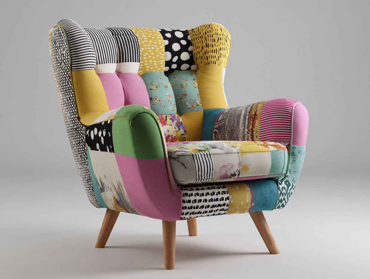 Fauteuil à oreilles en tissu patchwork 90x85x105 cm - multicolore - pieds en bois