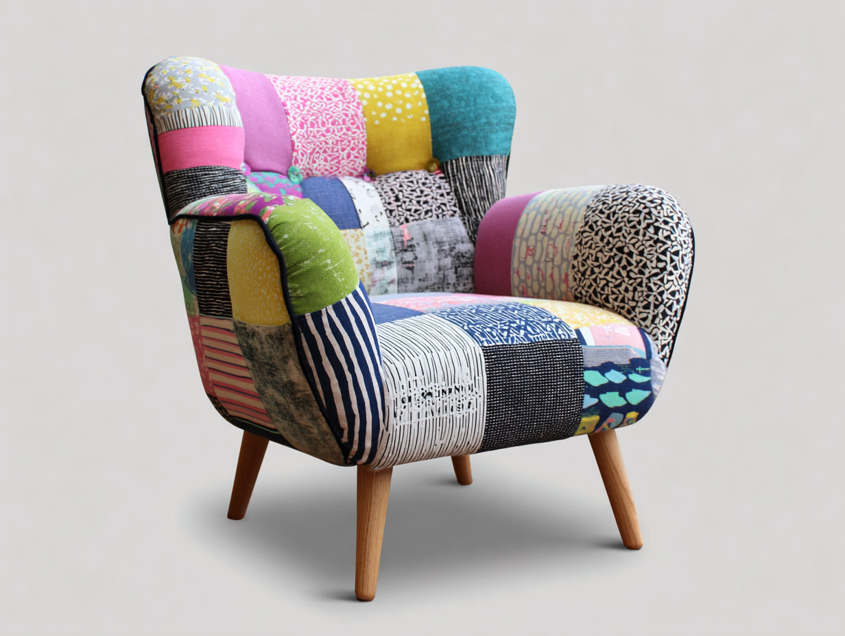 Fauteuil en tissu patchwork 92x86x98 cm - multicolore-bois naturel - dossier haut et pieds inclinés