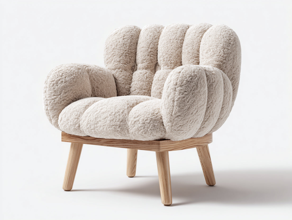 Fauteuil - tissu bouclé - 82x78x84 cm - beige-bois naturel - pieds en bois pour salon