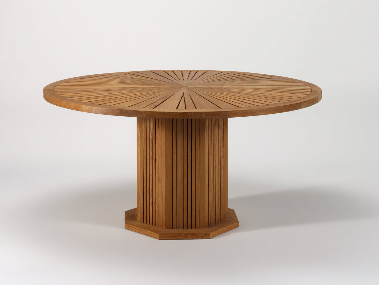 Table de jardin ronde en bois 150x150x75 cm - bois naturel - pied central cannelé