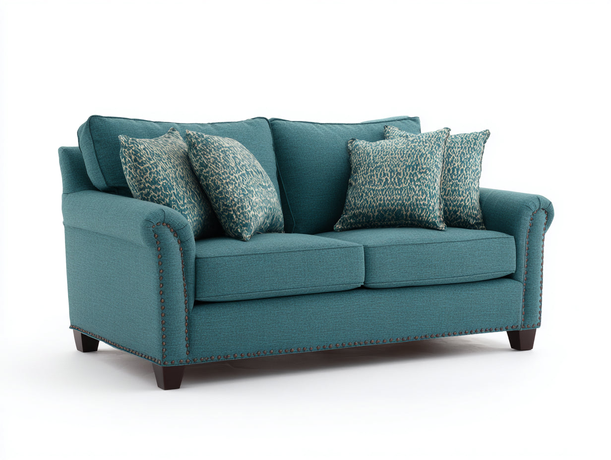 Canapé 2 places en tissu 190x90x88 cm - bleu pétrole - accoudoirs arrondis et finition cloutée pour salon