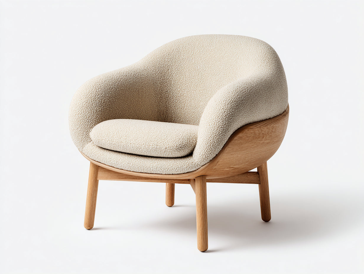 Fauteuil en tissu bouclé et bois 82x78x78 cm - beige et bois naturel - design arrondi