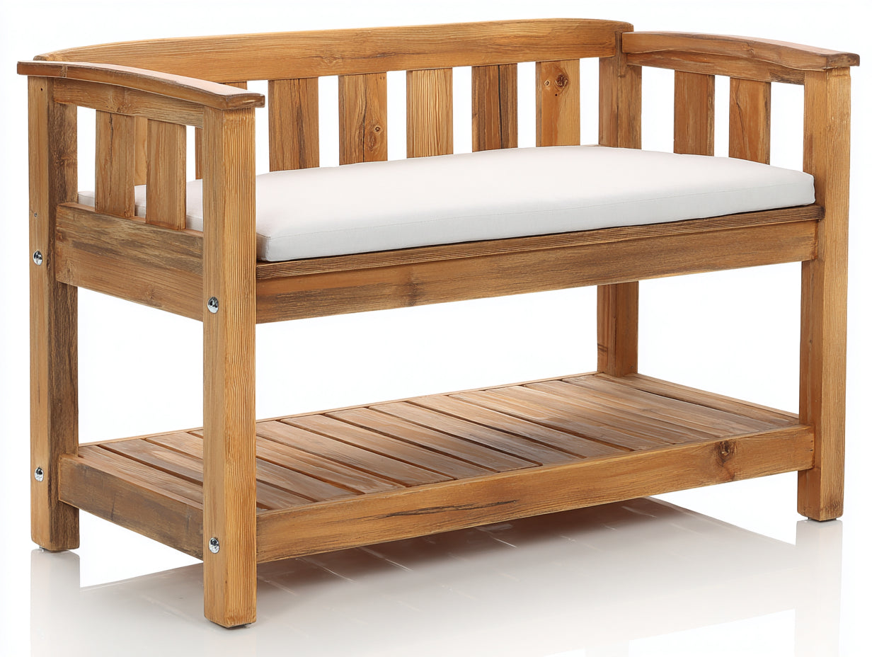 Banc de jardin - bois massif 118x62x86 cm - bois naturel - avec tablette basse pour extérieur