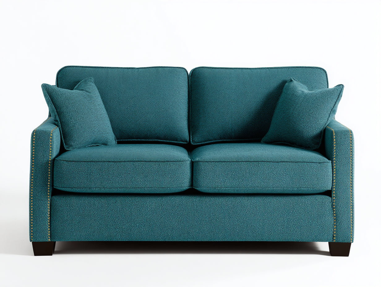 Canapé 2 places en tissu 150x82x82 cm - bleu canard - accoudoirs cloutés