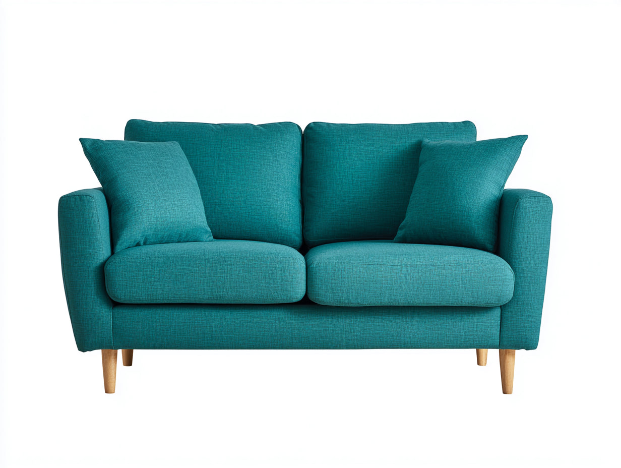 Canapé 2 places en tissu texturé 170x90x82 cm - bleu canard - pieds en bois clair