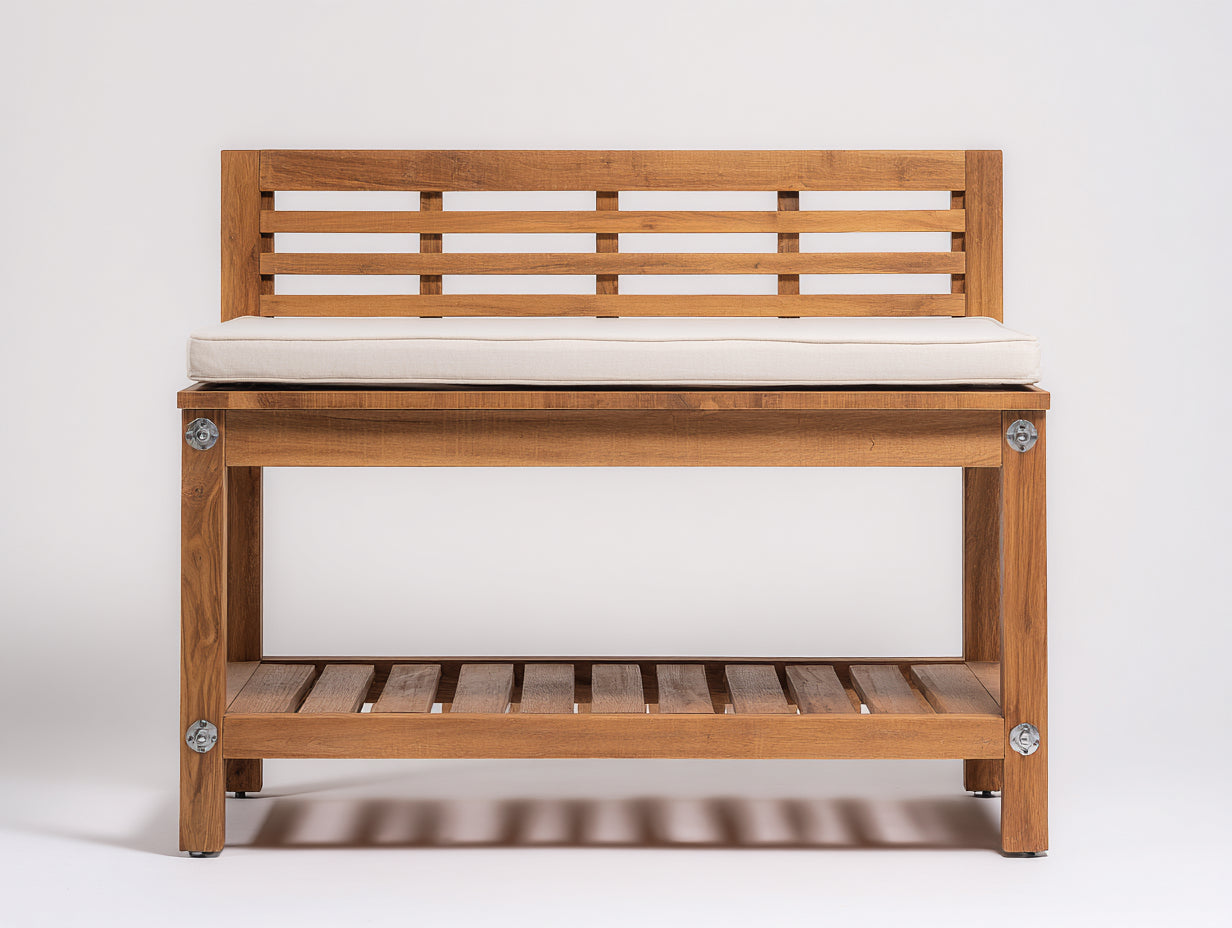 Banc de jardin en bois 120x55x85 cm - bois naturel - dossier à lattes avec rangement bas
