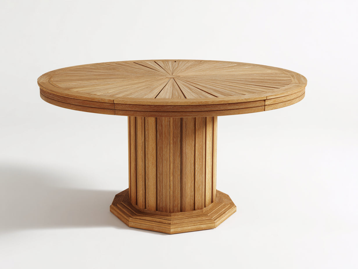 Table de jardin ronde en bois massif 120x120x75 cm - bois naturel brun clair - plateau à lattes et pied central pour extérieur