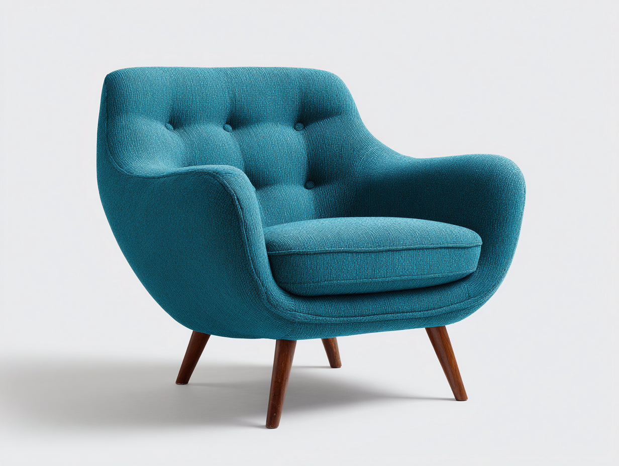Fauteuil - tissu texturé - 82x80x86 cm - bleu turquoise-bois naturel - dossier capitonné pour salon