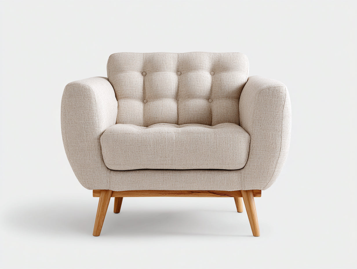 Fauteuil en tissu texturé 105x88x86 cm - beige - dossier capitonné avec pieds en bois