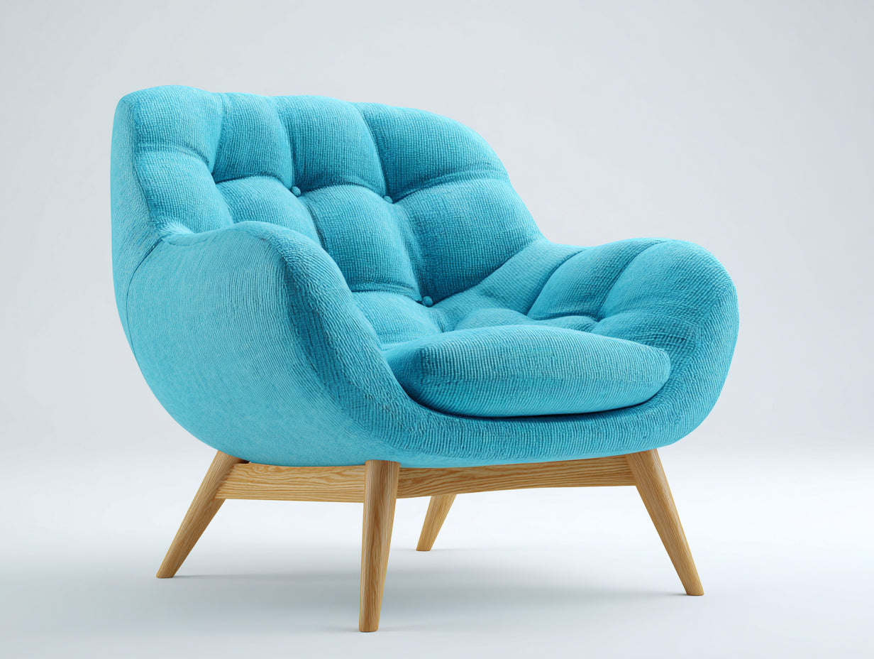 Fauteuil en tissu texturé 112x90x82 cm - bleu turquoise - dossier capitonné et pieds en bois