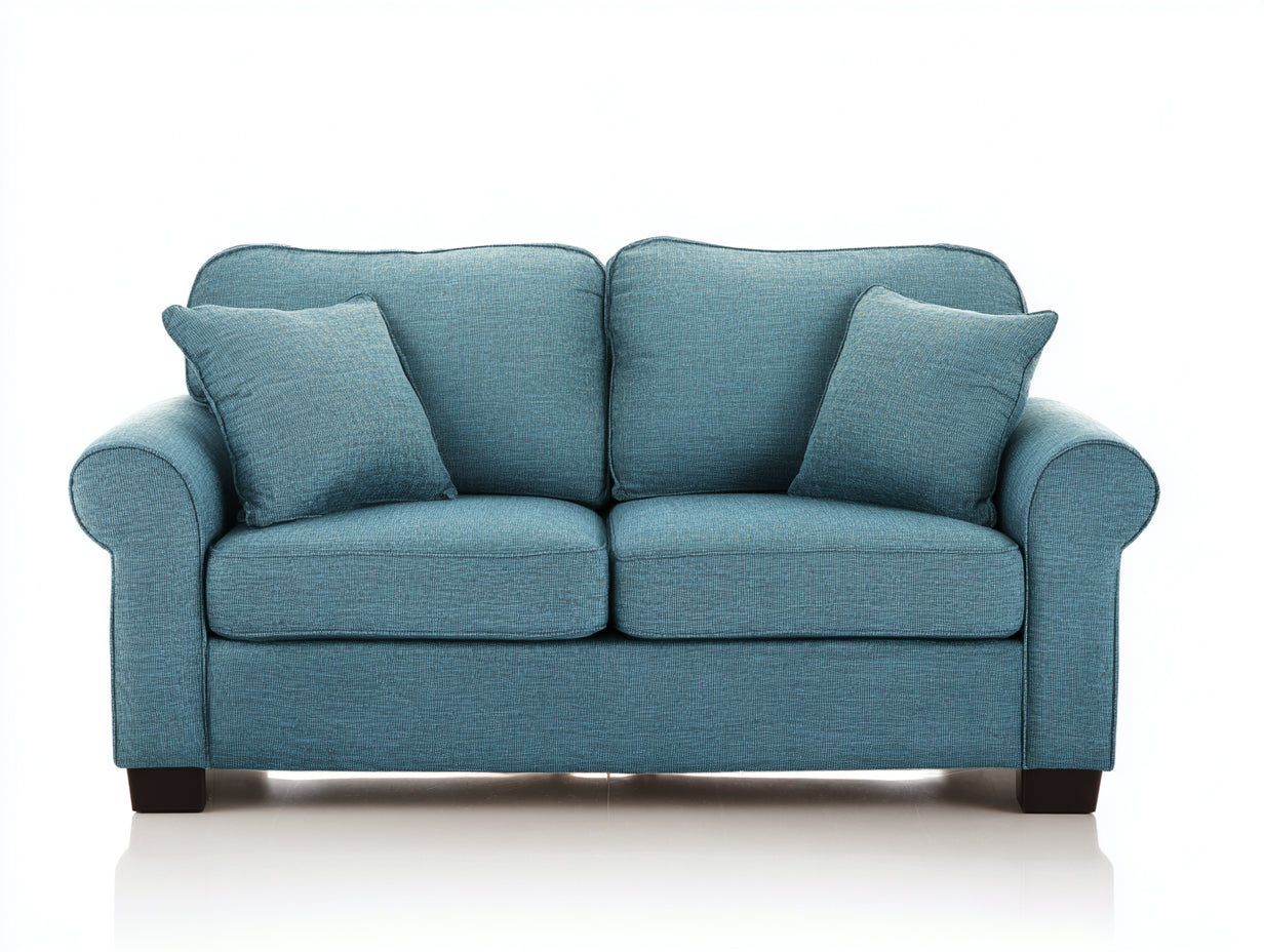 Canapé 2 places en tissu texturé 185x90x88 cm - bleu clair - accoudoirs arrondis et pieds en bois pour salon